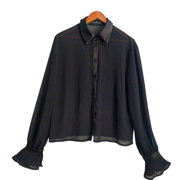 Black Chiffon Sheer Ruffle Sleeve Blouse 10 PLT Button Up Satin Trim Dressy EUC - Picture 4 of 10